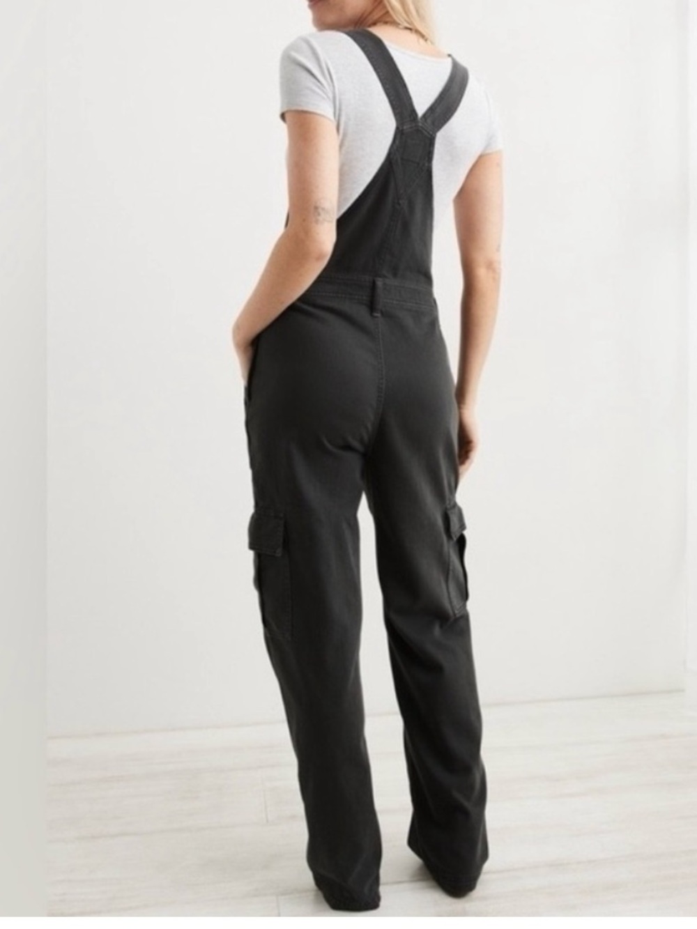 Aerie Baggy Bib Overall Smoke Gray Cargo Pockets Wide Leg Size Large - Picture 3 of 12